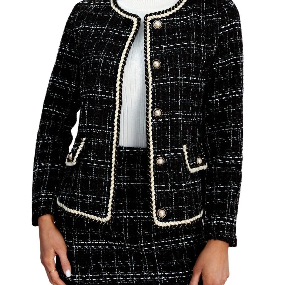 Plaid Tweed Blazer Mini Skirt Set Elegant Work Office Chic Outfit